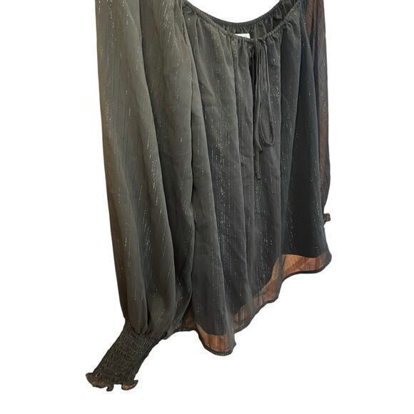 WAYF x BFF Sarah Silver Metallic & Black Off the Shoulder Top Sheer Long Sleeves - Picture 8 of 12